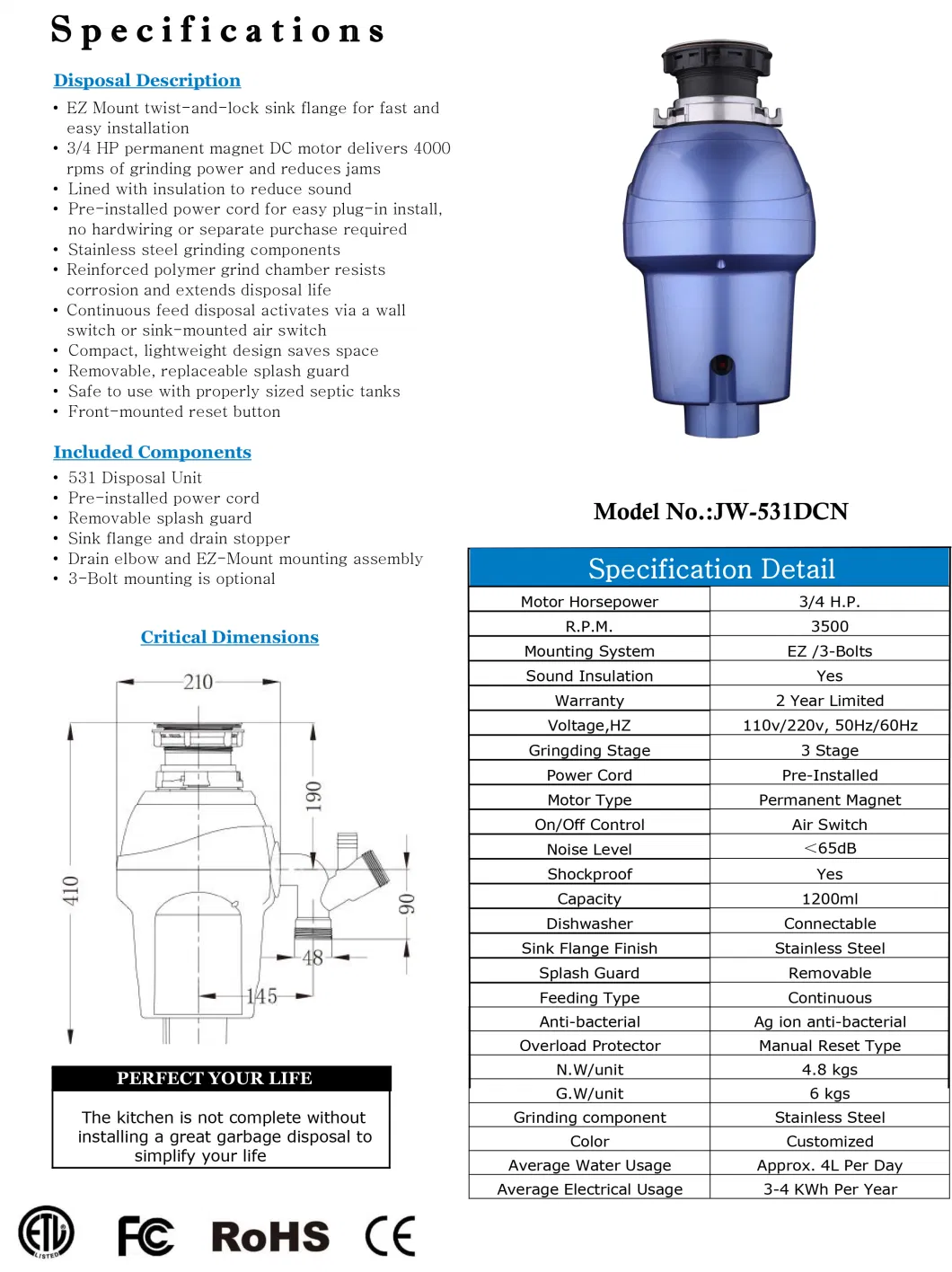 Household Kitchenware Food Garbage Processor Disposal Crusher Food Waste Disposer Grinder Kitchen Sink Appliance